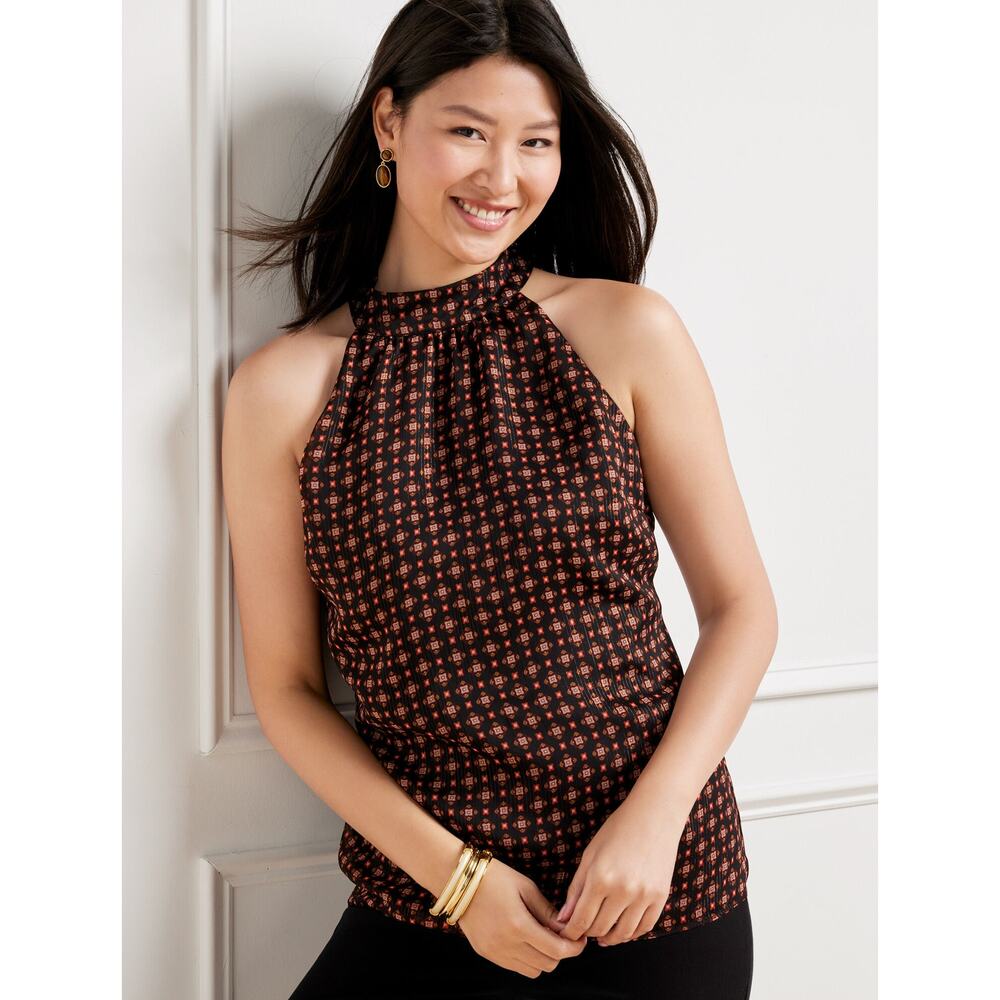 Talbots Top Womens Halter Dainty Medallion Halter Metallic Bow Feminine Romantic